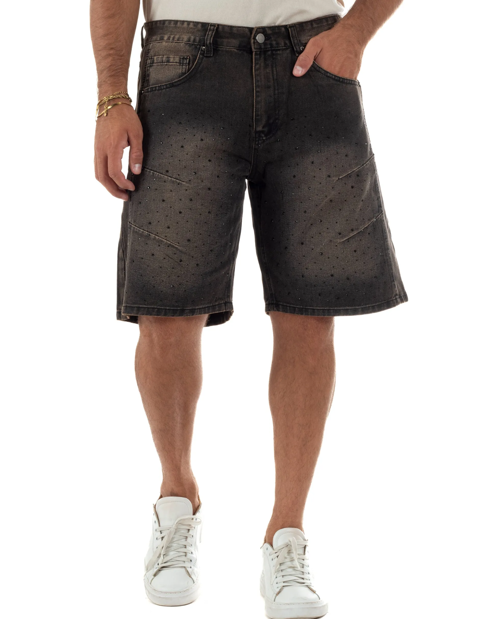 Bermuda pantaloncini uomo jeans con strass cinque tasche denim marrone GIOSAL-PC2053A