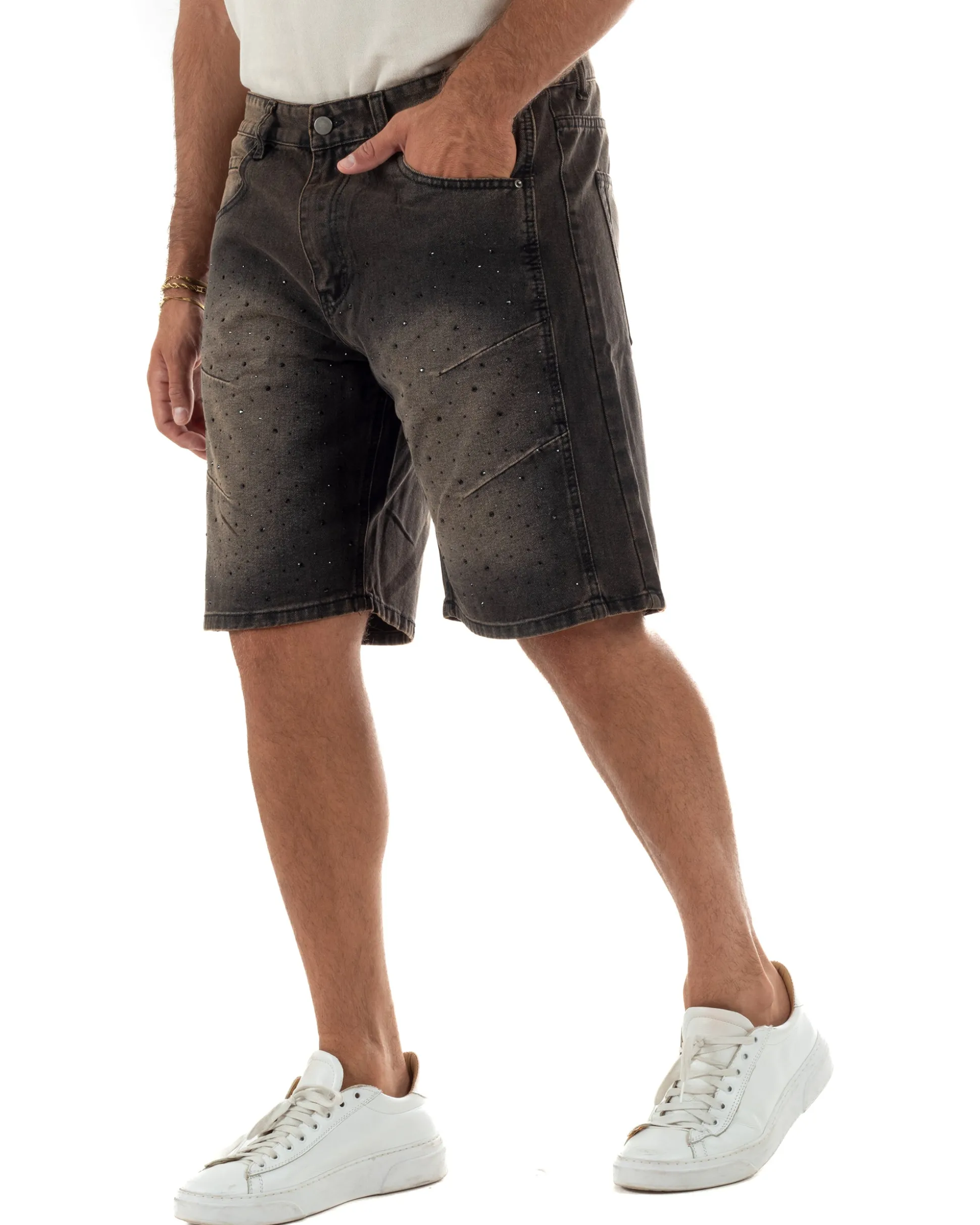 Bermuda pantaloncini uomo jeans con strass cinque tasche denim marrone GIOSAL-PC2053A