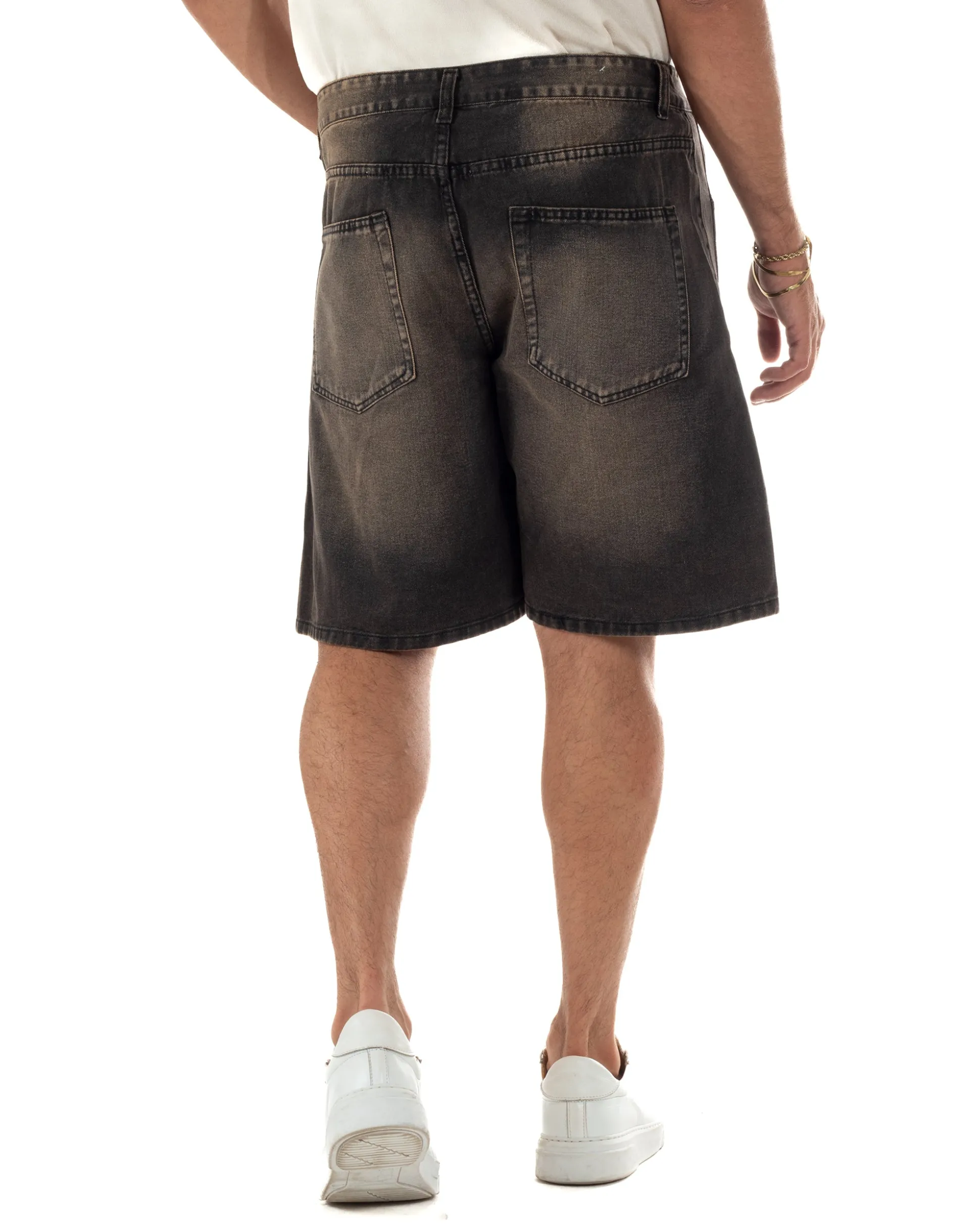 Bermuda pantaloncini uomo jeans con strass cinque tasche denim marrone GIOSAL-PC2053A
