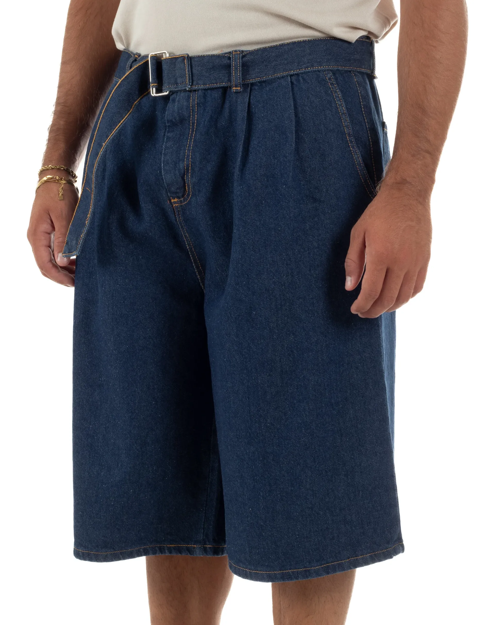 Bermuda pantaloncini uomo jeans oversize wide leg cintura coordinata denim scuro GIOSAL-PC2050A