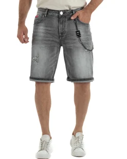 Bermuda pantaloncini uomo jeans rotture con catena e logo street style denim nero ICON-IUD031