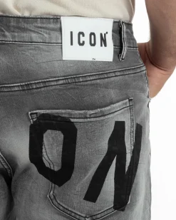 Bermuda pantaloncini uomo jeans rotture con catena e logo street style denim nero ICON-IUD031