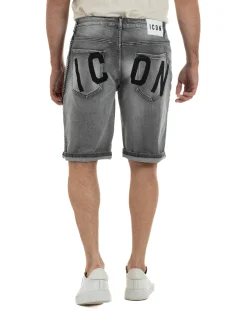Bermuda pantaloncini uomo jeans rotture con catena e logo street style denim nero ICON-IUD031