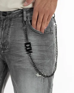 Bermuda pantaloncini uomo jeans rotture con catena e logo street style denim nero ICON-IUD031