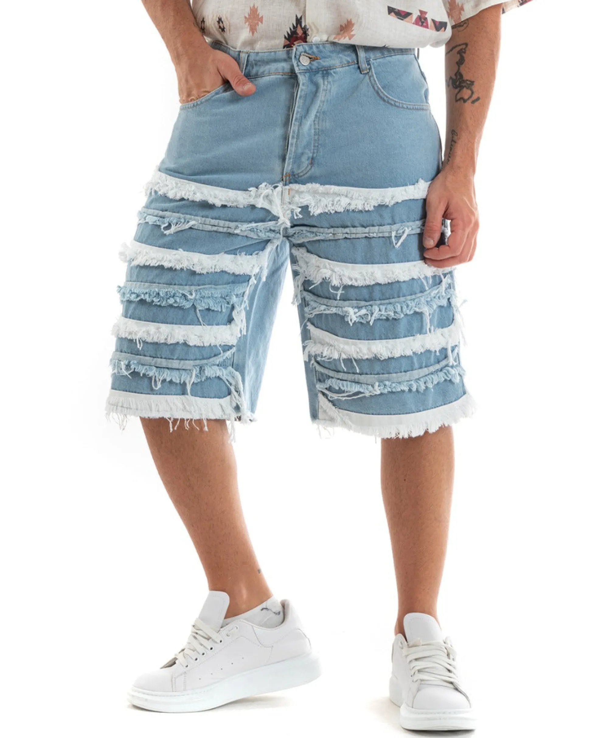 Bermuda Pantaloncini Uomo Jeans Ripped Cinque Tasche Toppe Sfrangiato Denim GIOSAL-PC1940A