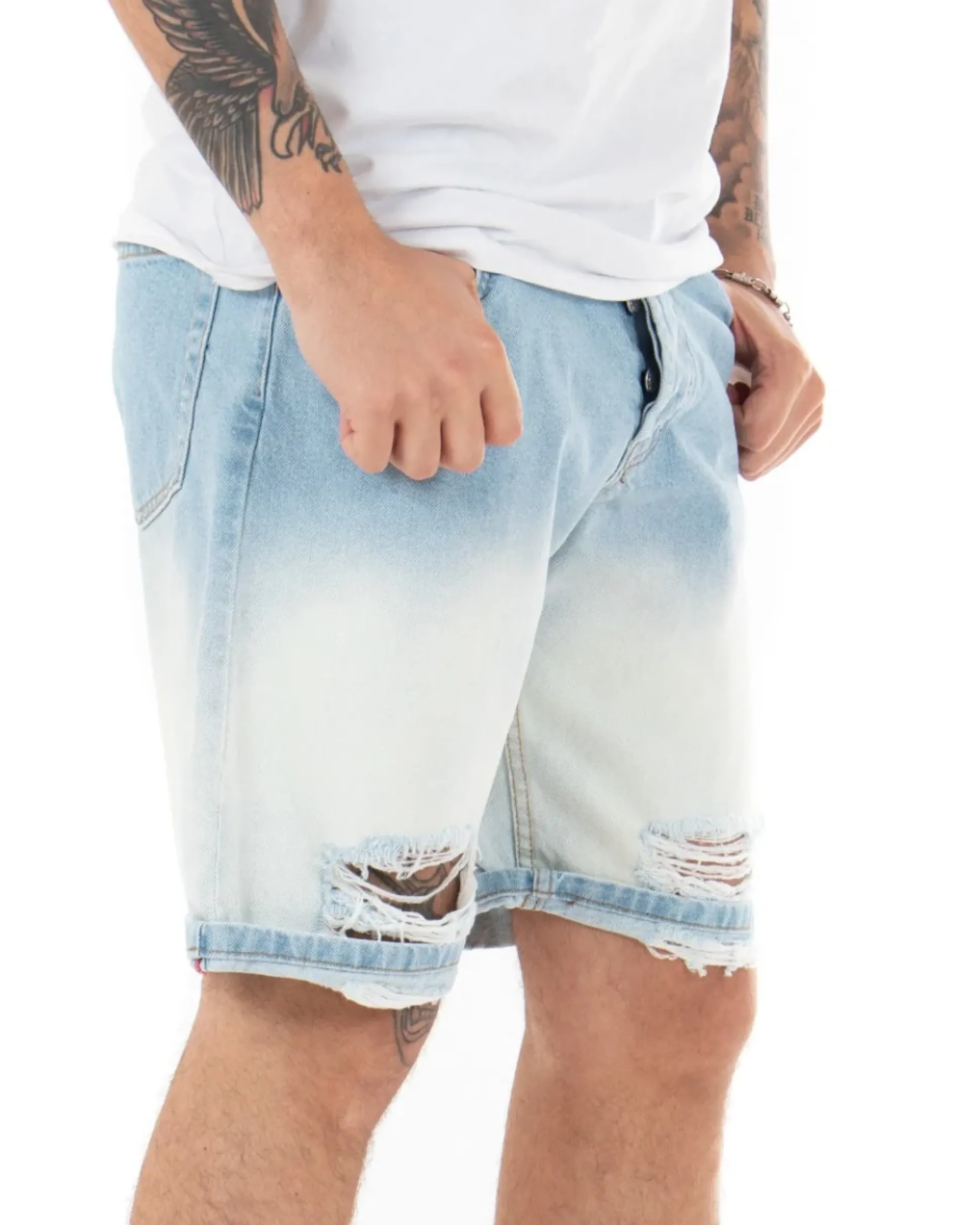 Bermuda Pantaloncini Uomo Jeans StoneWashed Con Rotture Casual Denim Bicolore GIOSAL-PC1852A