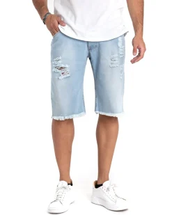 Bermuda Pantaloncini Uomo Jeans Cinque Tasche Con Rotture Sfrangiato Denim Lavaggio Chiaro GIOSAL-PC1853A