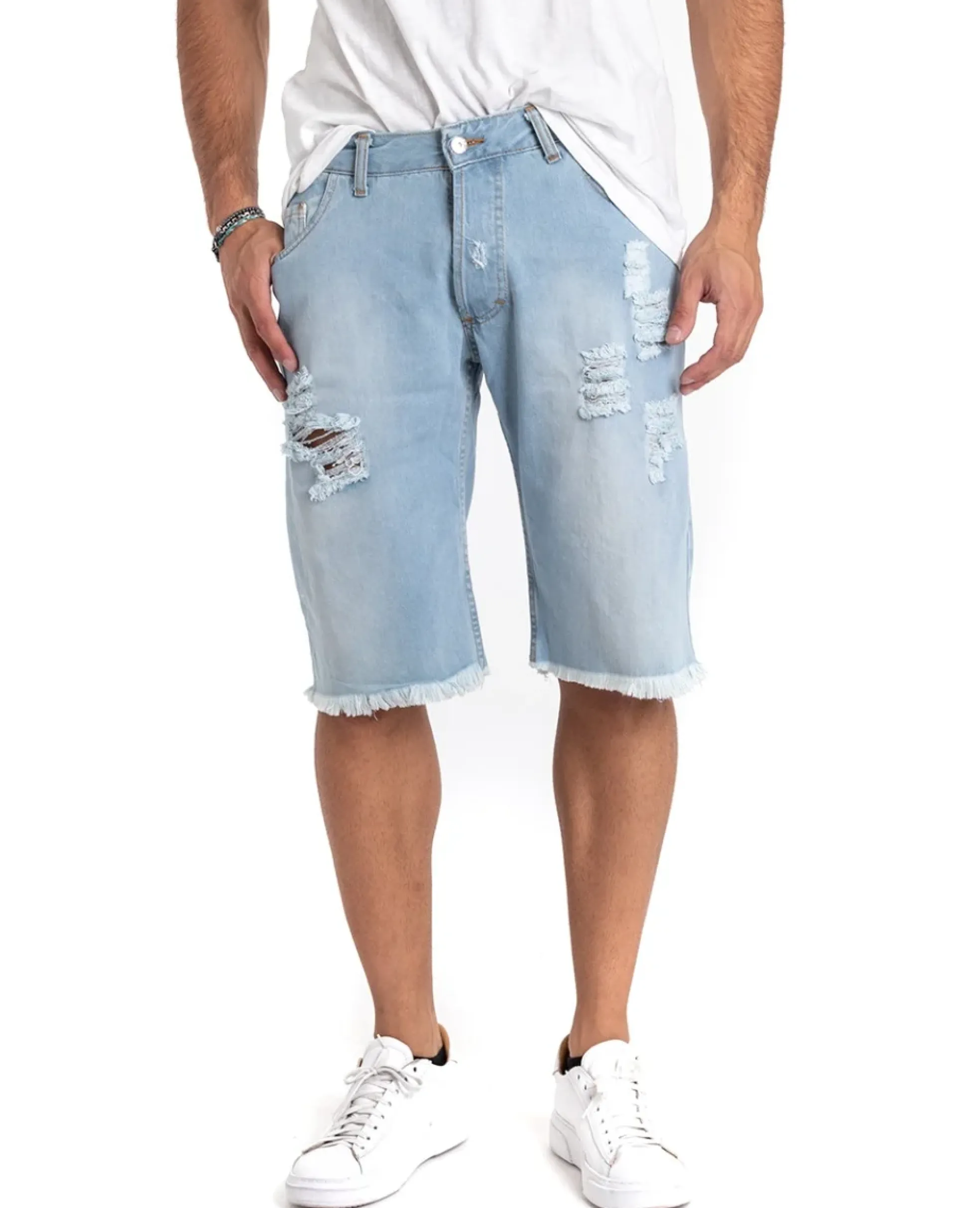 Bermuda Pantaloncini Uomo Jeans Cinque Tasche Con Rotture Sfrangiato Denim Lavaggio Chiaro GIOSAL-PC1853A