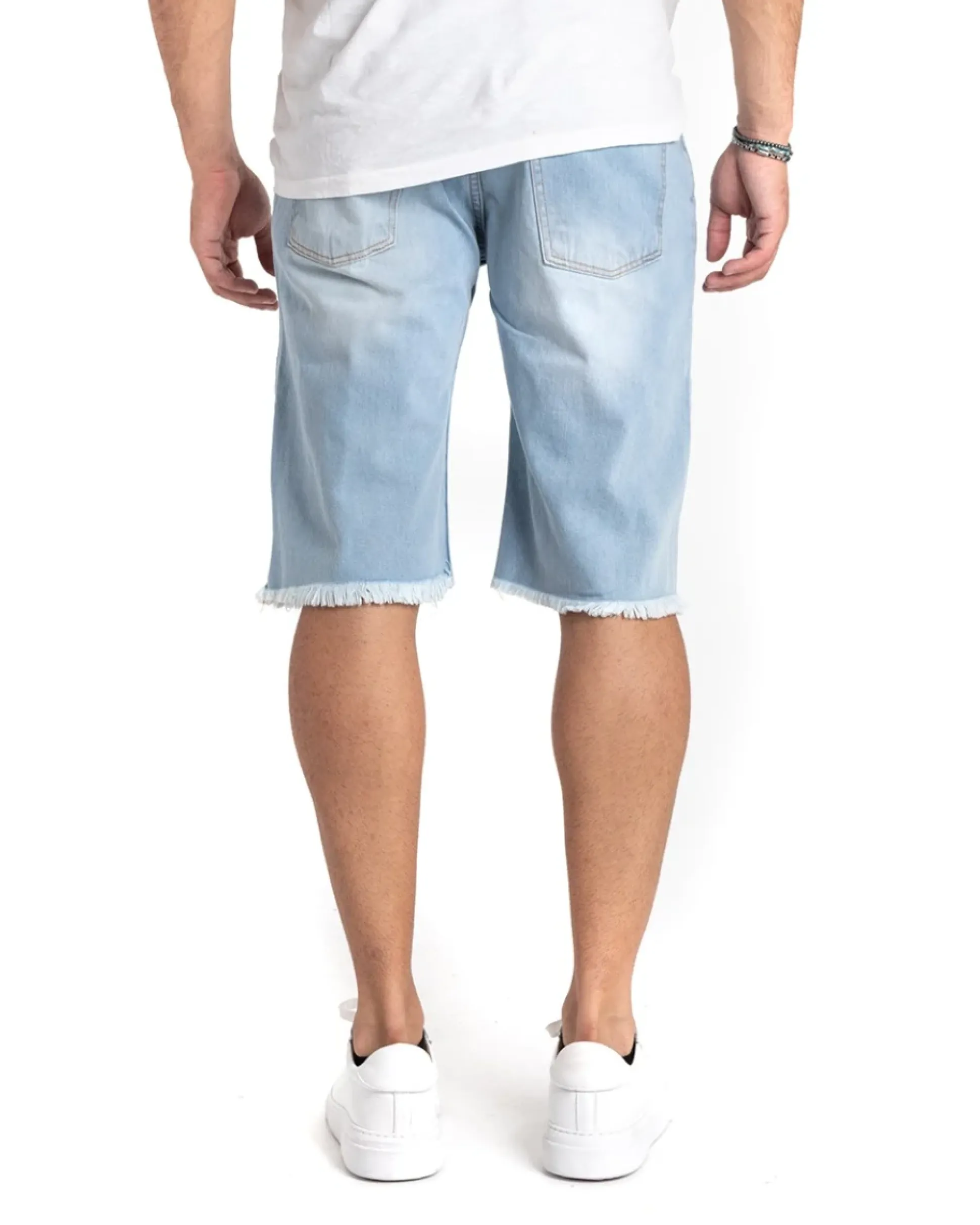 Bermuda Pantaloncini Uomo Jeans Cinque Tasche Con Rotture Sfrangiato Denim Lavaggio Chiaro GIOSAL-PC1853A