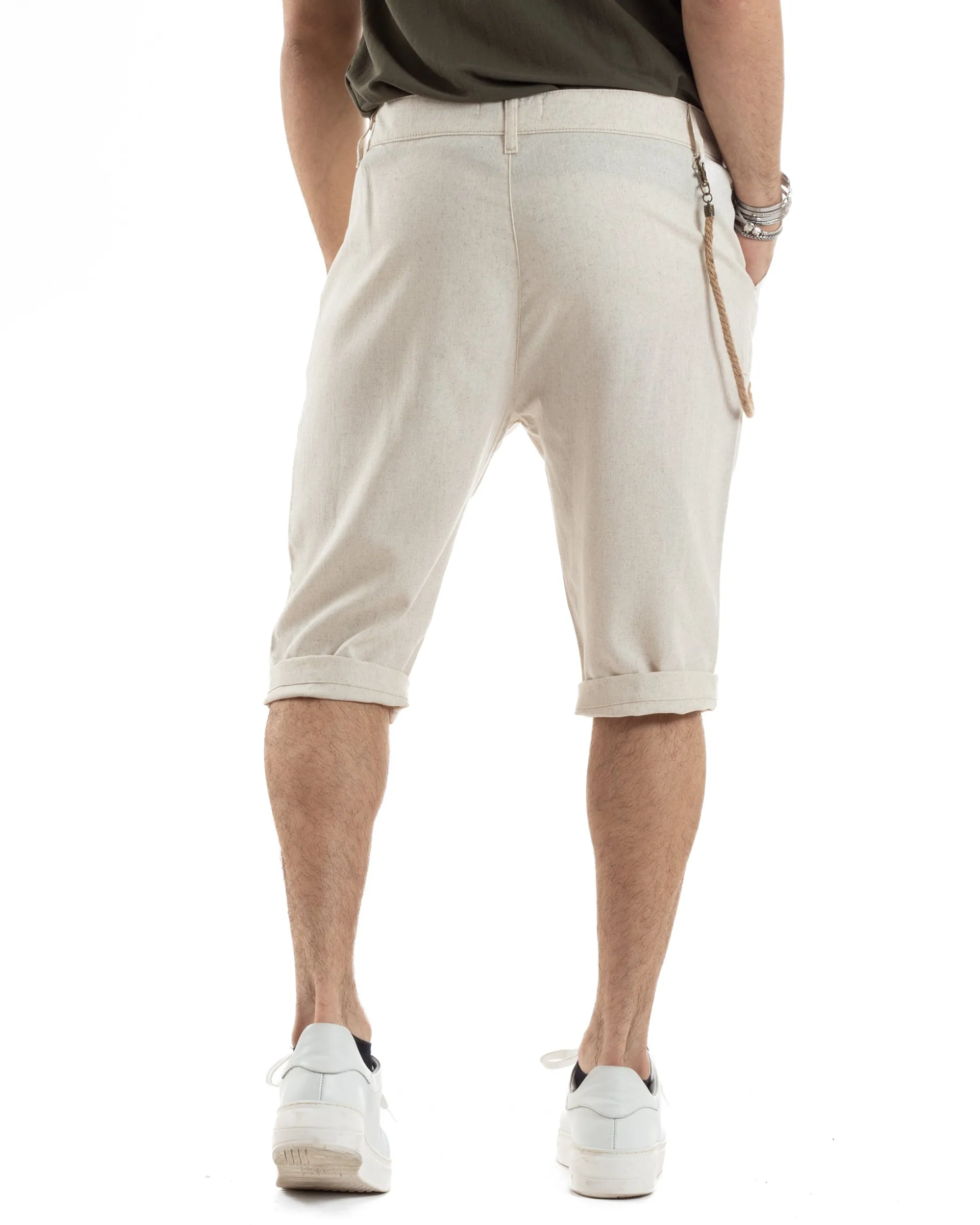 Bermuda Pantaloncini Uomo Lino Tasche America Sartoriale Casual Beige GIOSAL-PC1956A