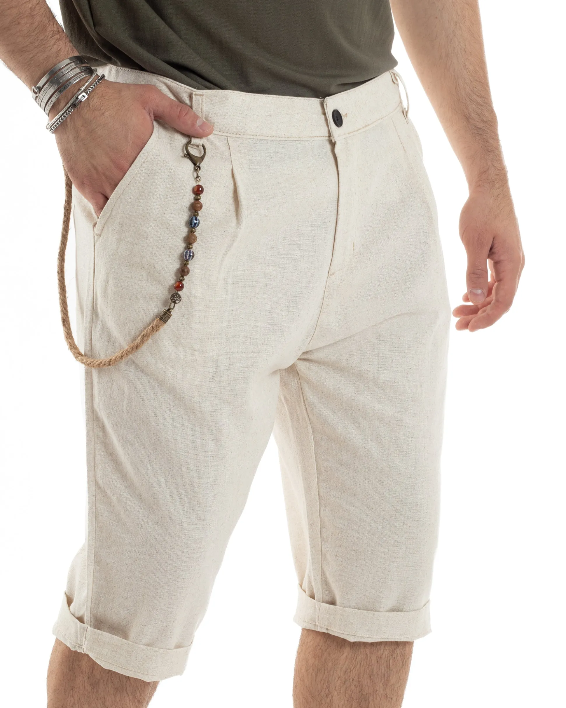 Bermuda Pantaloncini Uomo Lino Tasche America Sartoriale Casual Beige GIOSAL-PC1956A