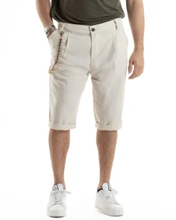 Bermuda Pantaloncini Uomo Lino Tasche America Sartoriale Casual Beige GIOSAL-PC1956A