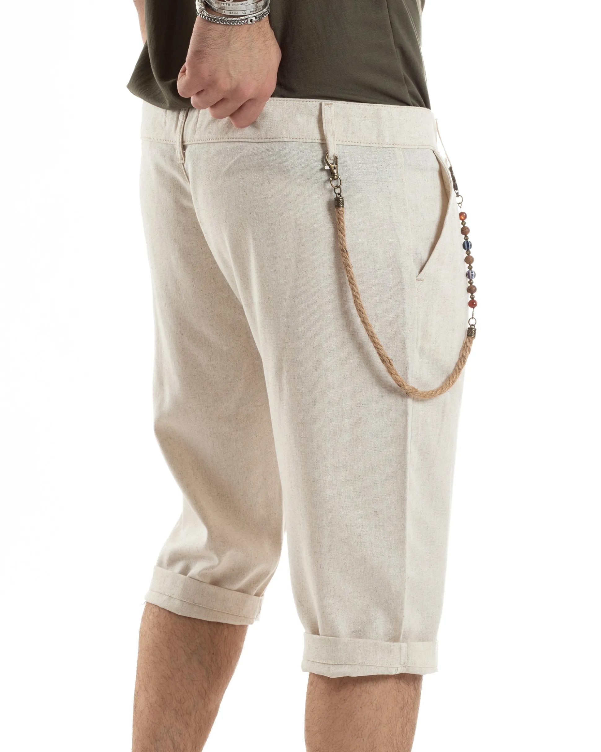 Bermuda Pantaloncini Uomo Lino Tasche America Sartoriale Casual Beige GIOSAL-PC1956A