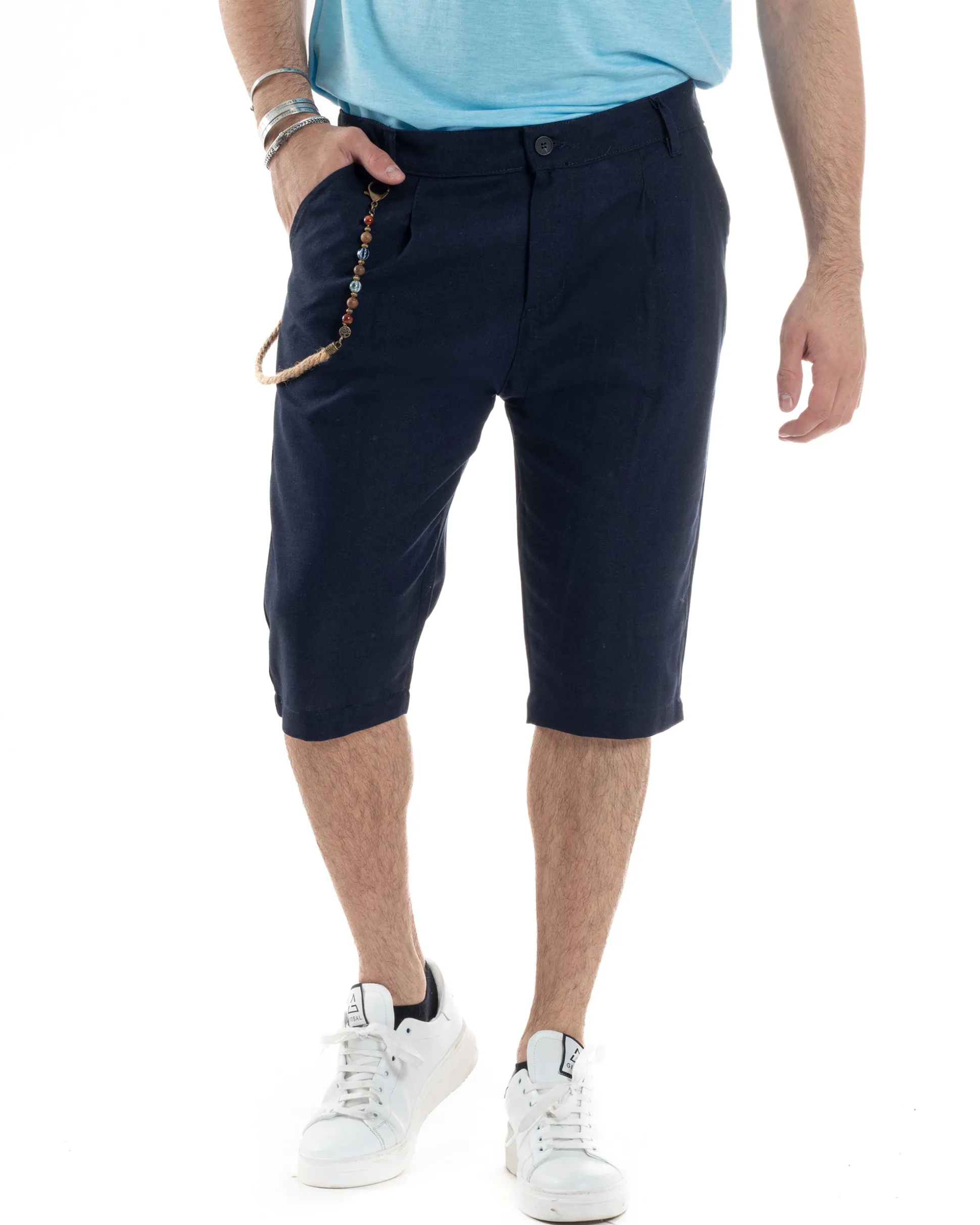 Bermuda Pantaloncini Uomo Lino Tasche America Sartoriale Casual Blu GIOSAL-PC1951A