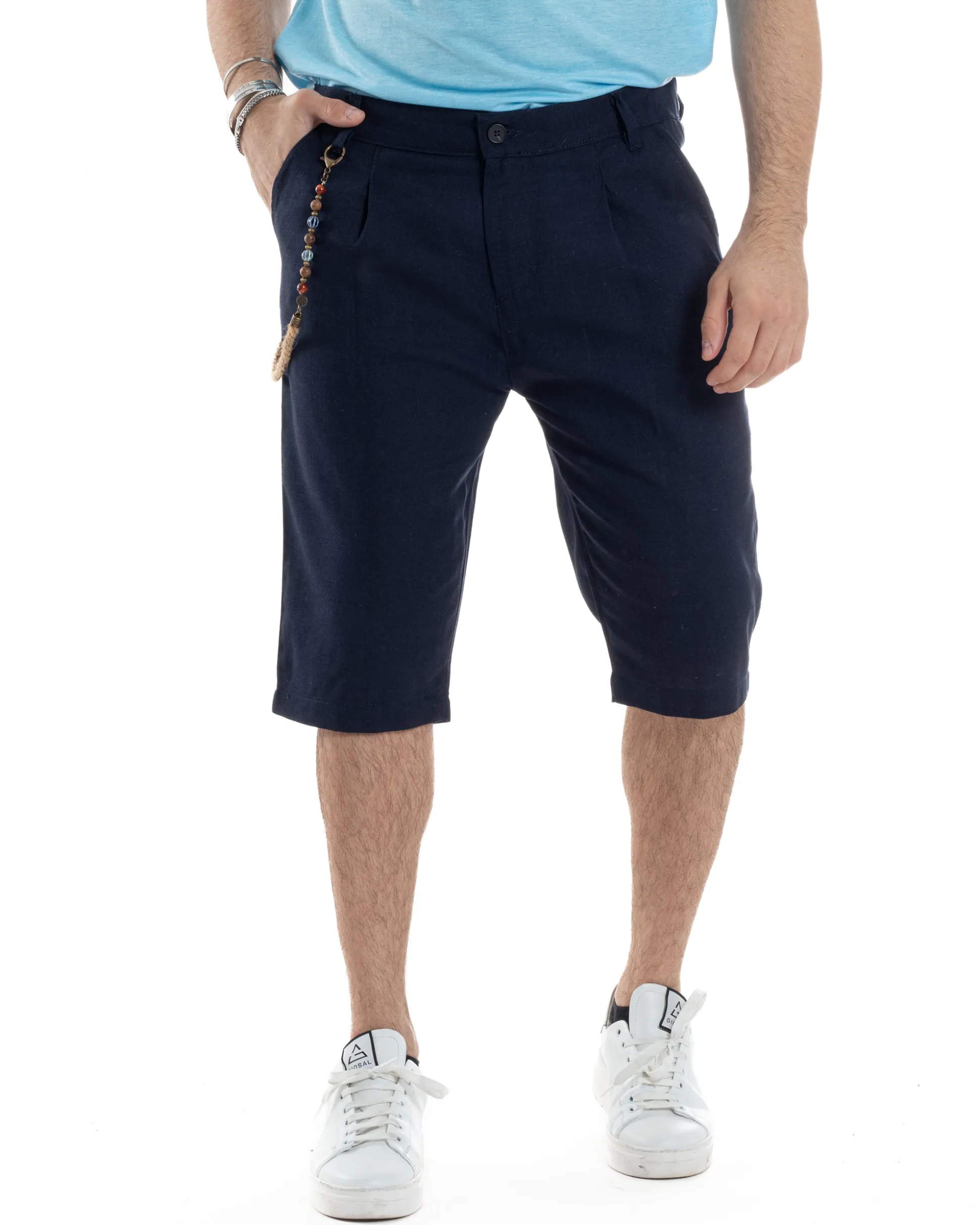 Bermuda Pantaloncini Uomo Lino Tasche America Sartoriale Casual Blu GIOSAL-PC1951A