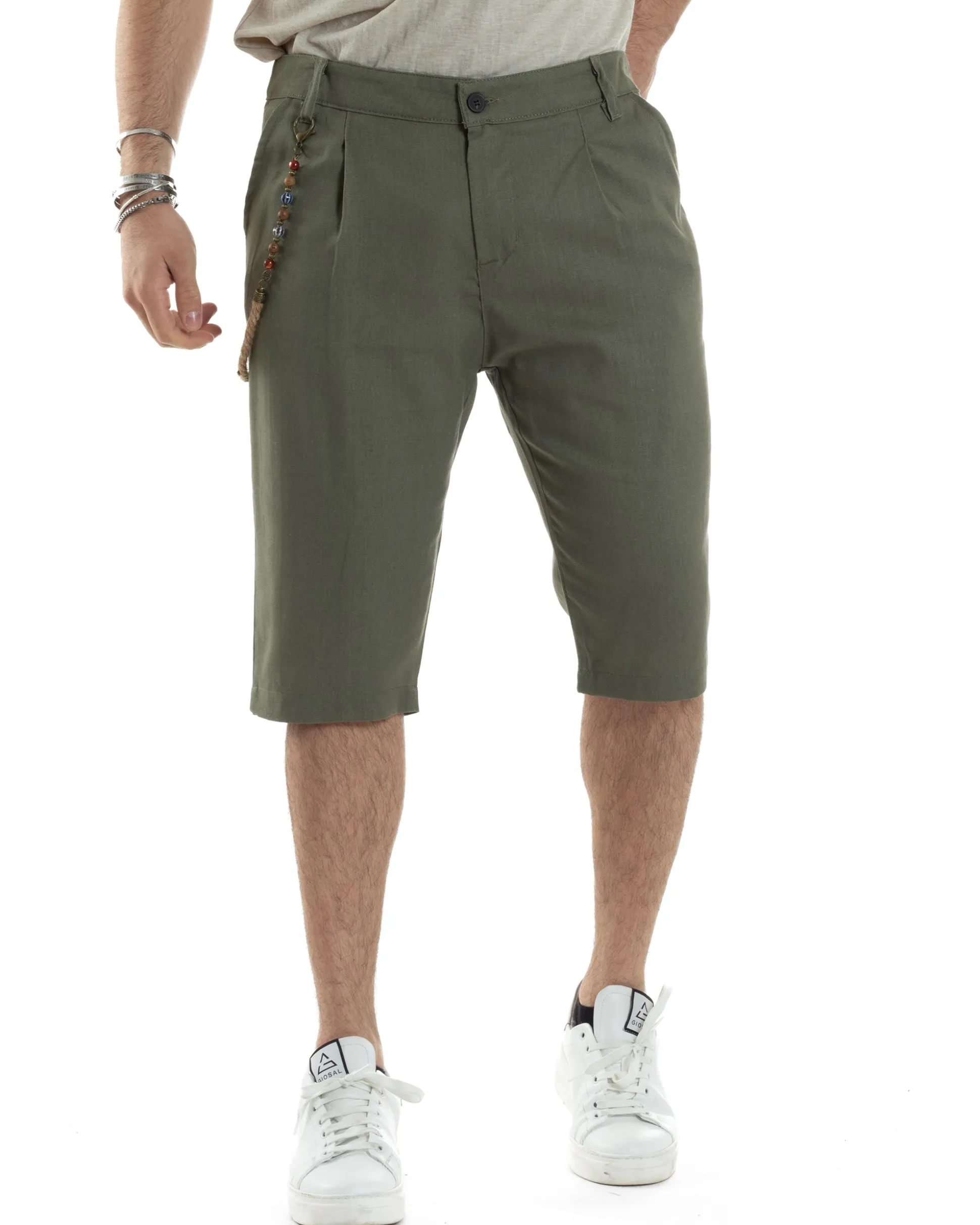 Bermuda Pantaloncini Uomo Lino Tasche America Sartoriale Casual Verde GIOSAL-PC1953A