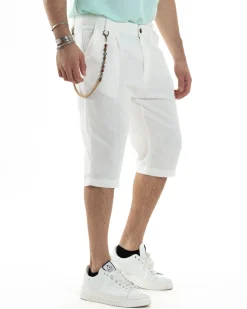 Bermuda Pantaloncini Uomo Lino Tasche America Sartoriale Casual Bianco GIOSAL-PC1954A