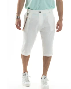 Bermuda Pantaloncini Uomo Lino Tasche America Sartoriale Casual Bianco GIOSAL-PC1954A