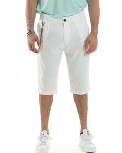 Bermuda Pantaloncini Uomo Lino Tasche America Sartoriale Casual Bianco GIOSAL-PC1954A