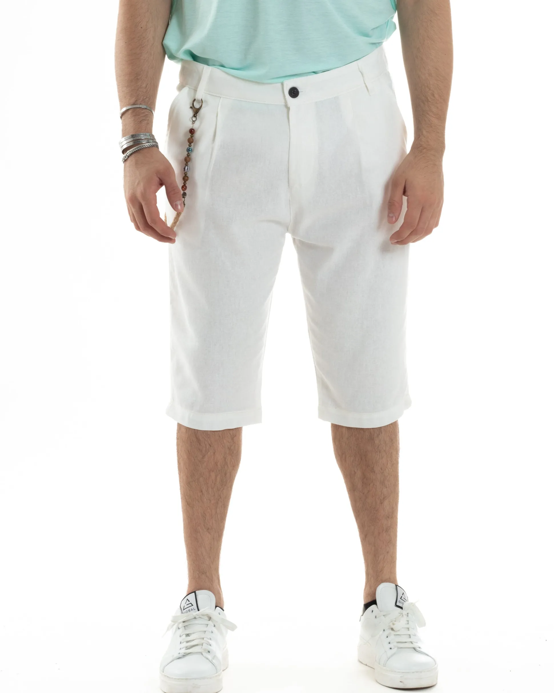 Bermuda Pantaloncini Uomo Lino Tasche America Sartoriale Casual Bianco GIOSAL-PC1954A