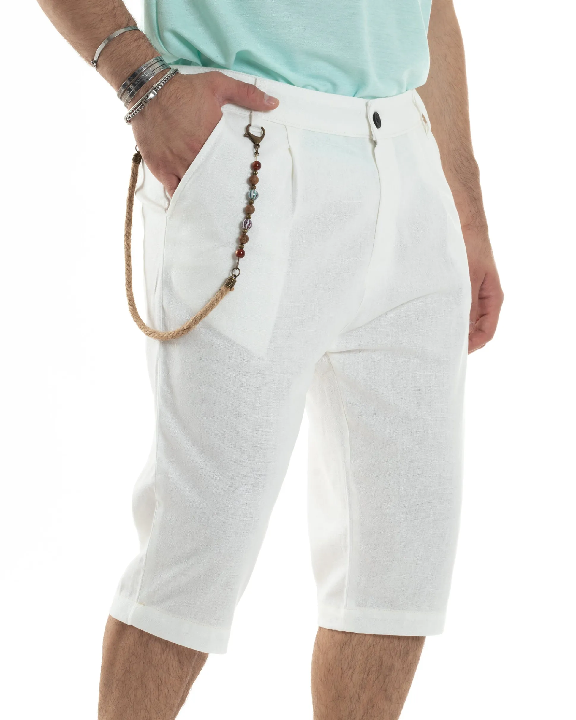 Bermuda Pantaloncini Uomo Lino Tasche America Sartoriale Casual Bianco GIOSAL-PC1954A