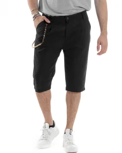 Bermuda Pantaloncini Uomo Lino Tasche America Sartoriale Casual Nero GIOSAL-PC1955A