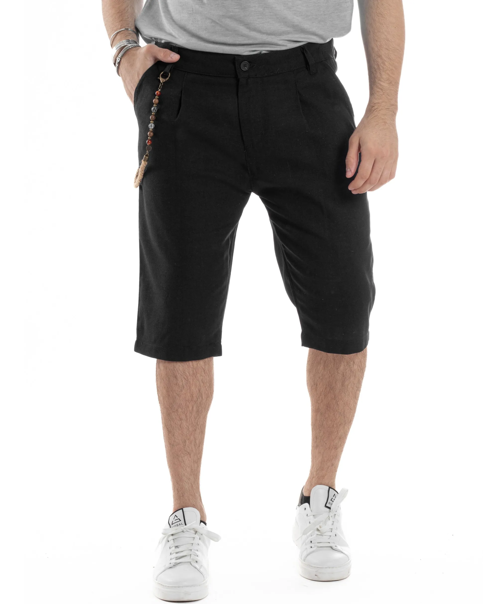 Bermuda Pantaloncini Uomo Lino Tasche America Sartoriale Casual Nero GIOSAL-PC1955A