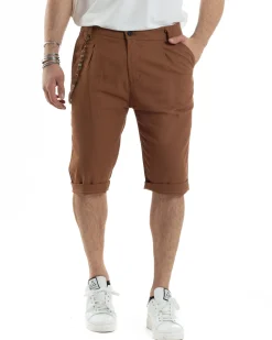 Bermuda Pantaloncini Uomo Lino Tasche America Sartoriale Casual Camel GIOSAL-PC1952A