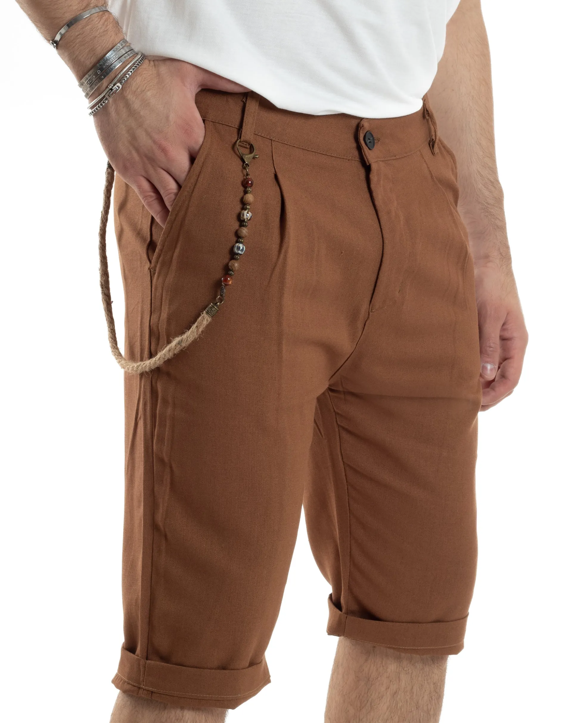 Bermuda Pantaloncini Uomo Lino Tasche America Sartoriale Casual Camel GIOSAL-PC1952A