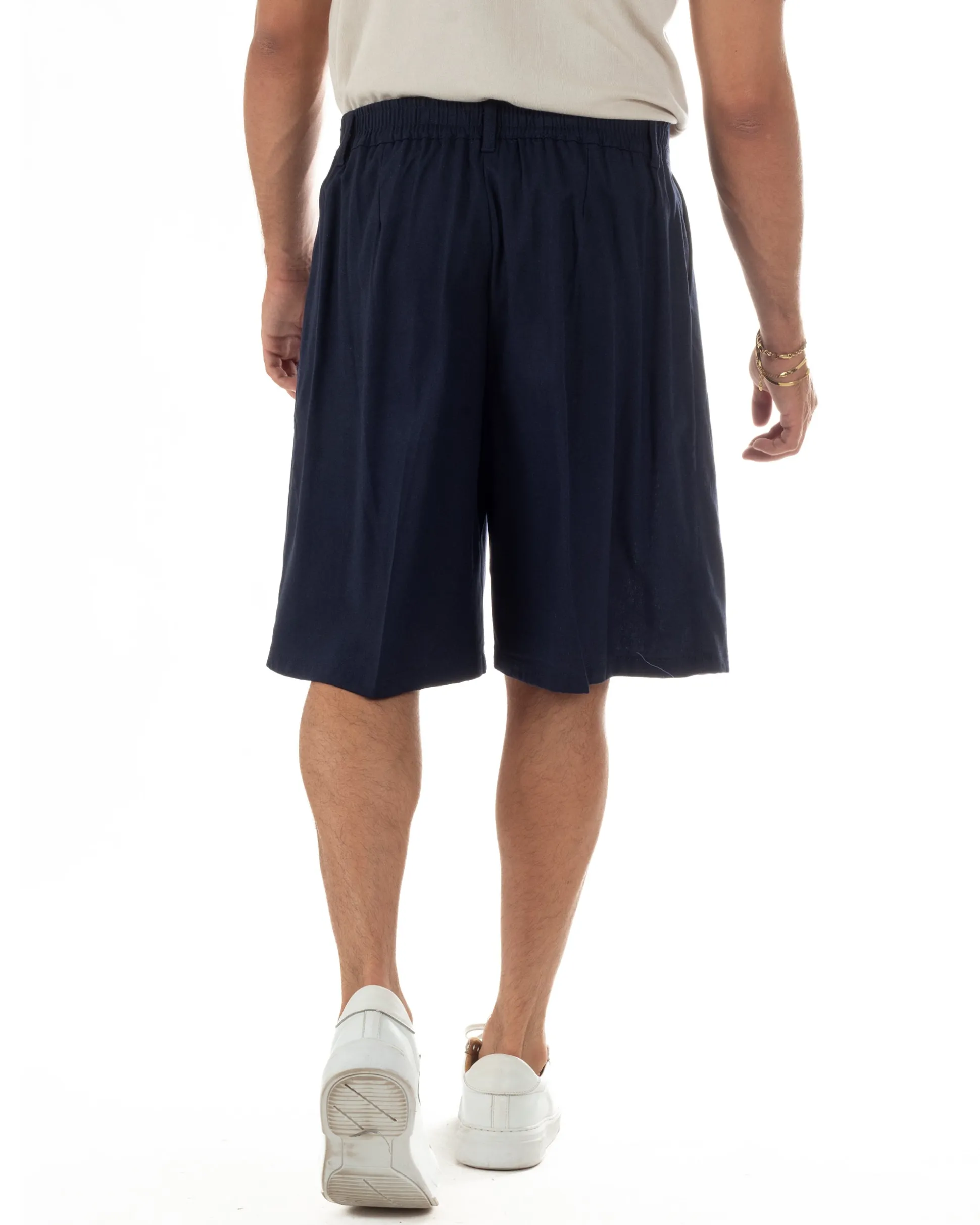 Bermuda pantaloncini uomo lino baggy fit pinces blu GIOSAL-PC2058A