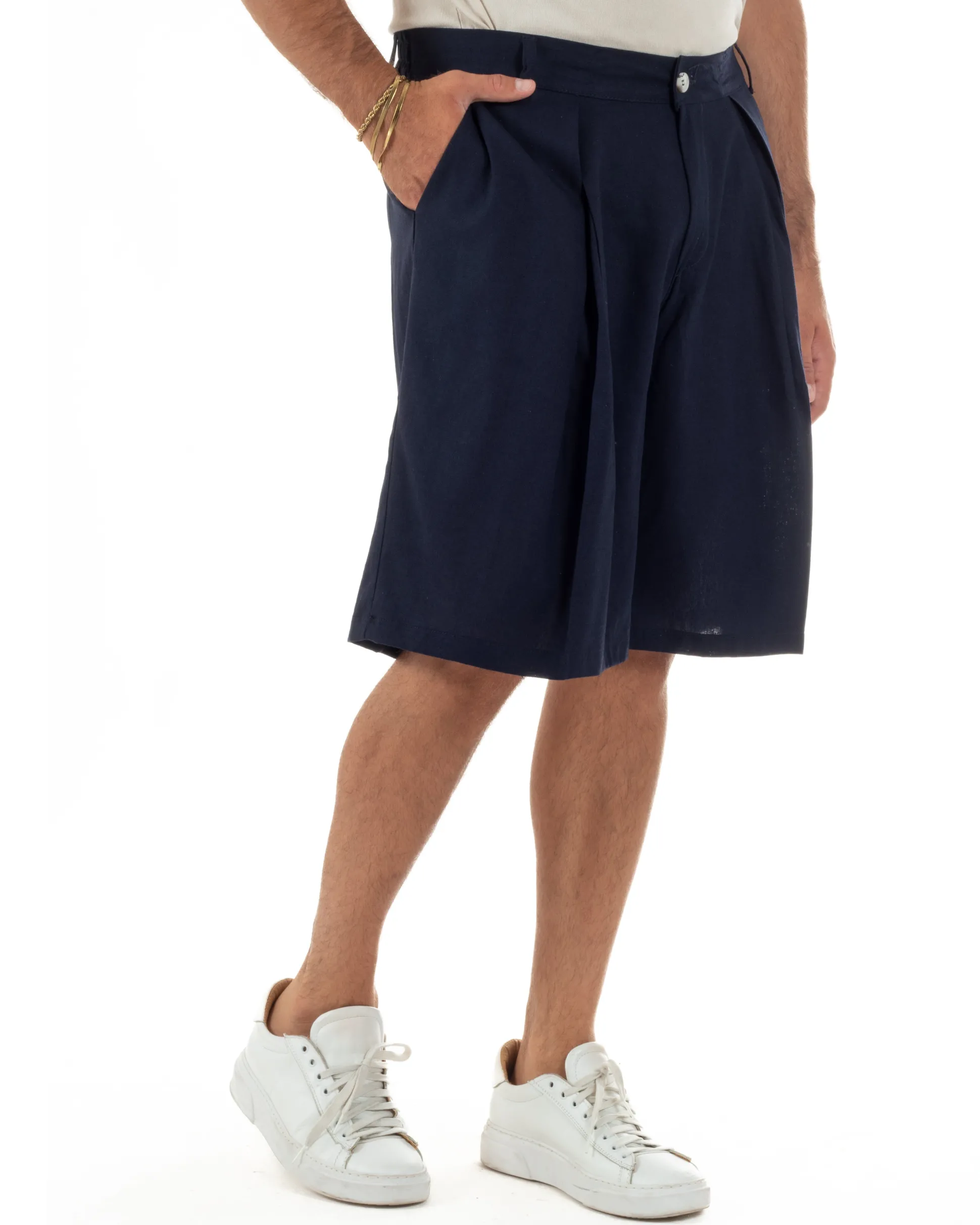 Bermuda pantaloncini uomo lino baggy fit pinces blu GIOSAL-PC2058A