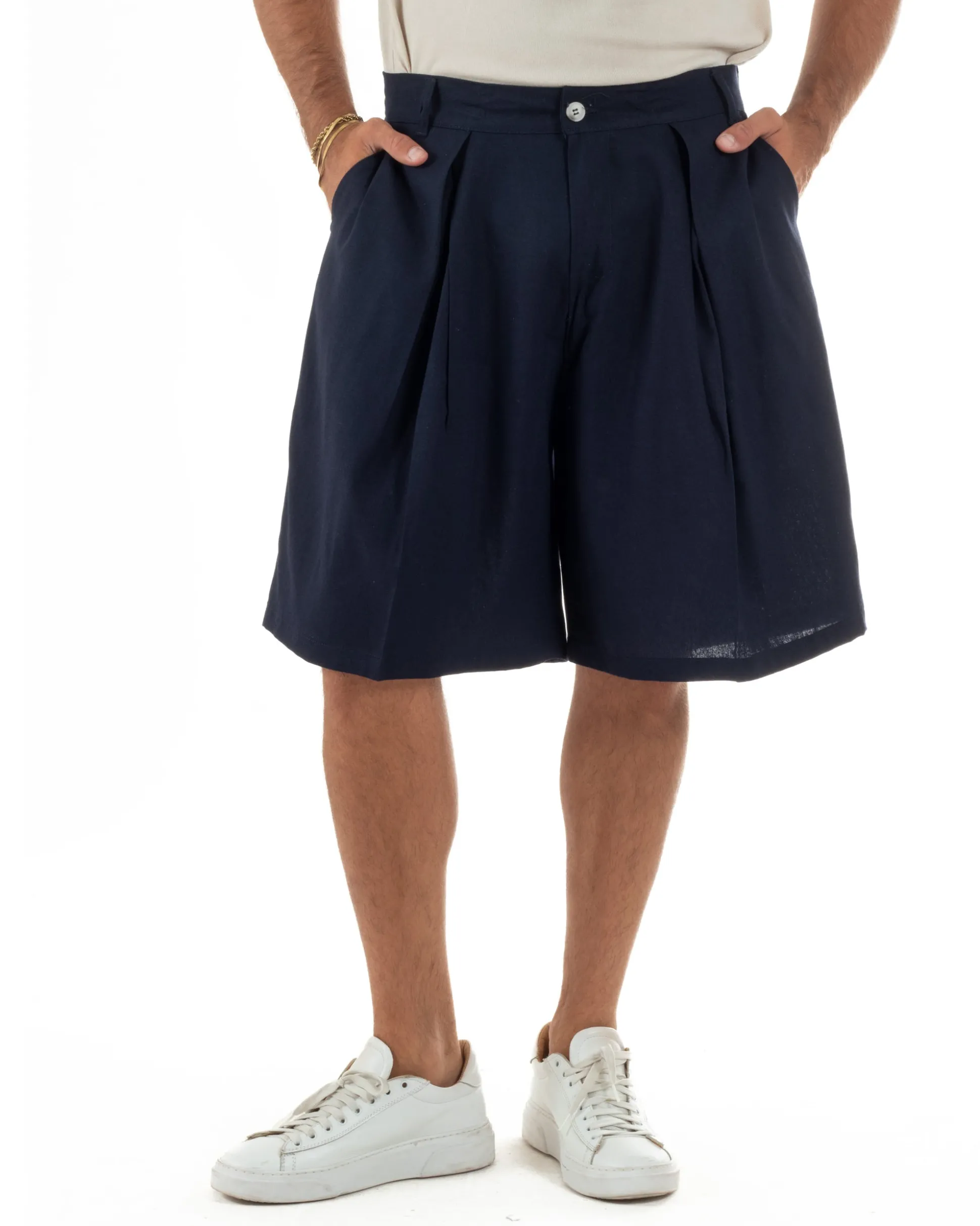 Bermuda pantaloncini uomo lino baggy fit pinces blu GIOSAL-PC2058A