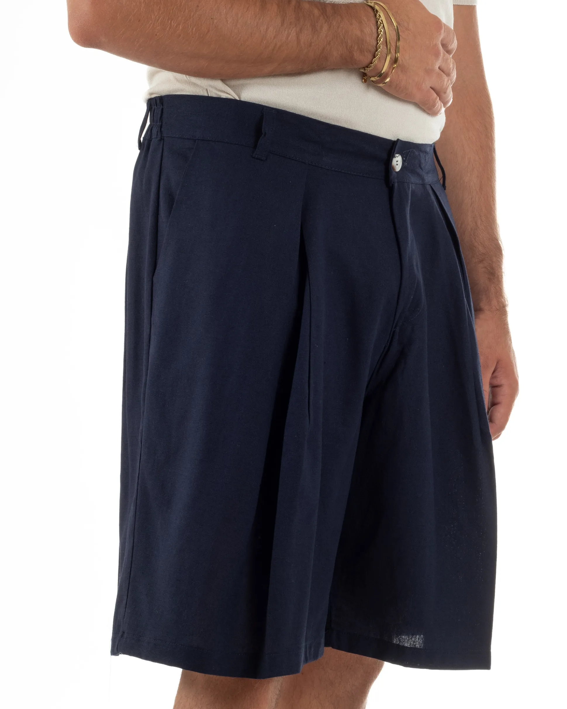 Bermuda pantaloncini uomo lino baggy fit pinces blu GIOSAL-PC2058A