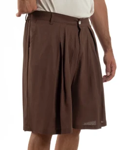 Bermuda pantaloncini uomo lino baggy fit pinces marrone GIOSAL-PC2059A