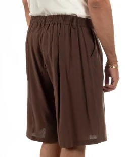 Bermuda pantaloncini uomo lino baggy fit pinces marrone GIOSAL-PC2059A
