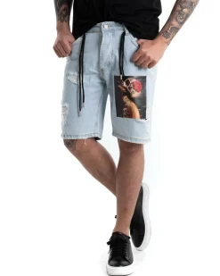 Bermuda Pantaloncino Corto Uomo Jeans Chiaro Stampa Cinque Tasche GIOSAL-PC1873A