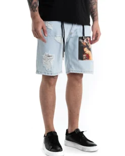 Bermuda Pantaloncino Corto Uomo Jeans Chiaro Stampa Cinque Tasche GIOSAL-PC1873A