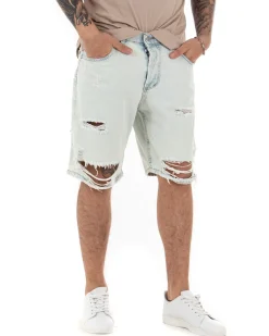 Bermuda Pantaloncino Uomo Denim Chiaro Sabbiato Rotture Cinque Tasche GIOSAL-PC1697A