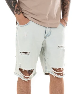 Bermuda Pantaloncino Uomo Denim Chiaro Sabbiato Rotture Cinque Tasche GIOSAL-PC1697A
