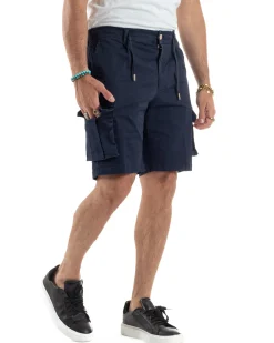 Bermuda Uomo Cargo Cotone Pantaloni Laccio Blu PC1987A
