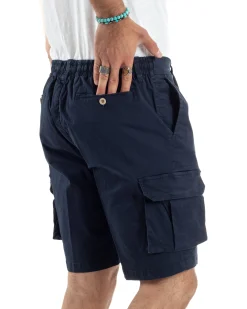 Bermuda Uomo Cargo Cotone Pantaloni Laccio Blu PC1987A