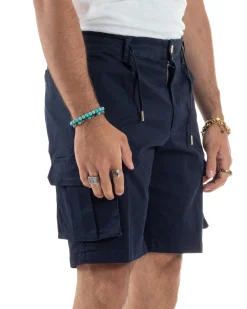 Bermuda Uomo Cargo Cotone Pantaloni Laccio Blu PC1987A