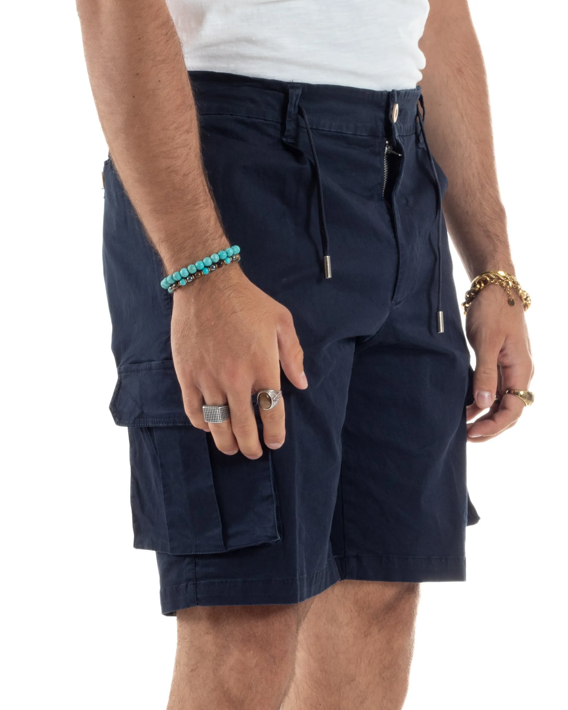 Bermuda Uomo Cargo Cotone Pantaloni Laccio Blu PC1987A