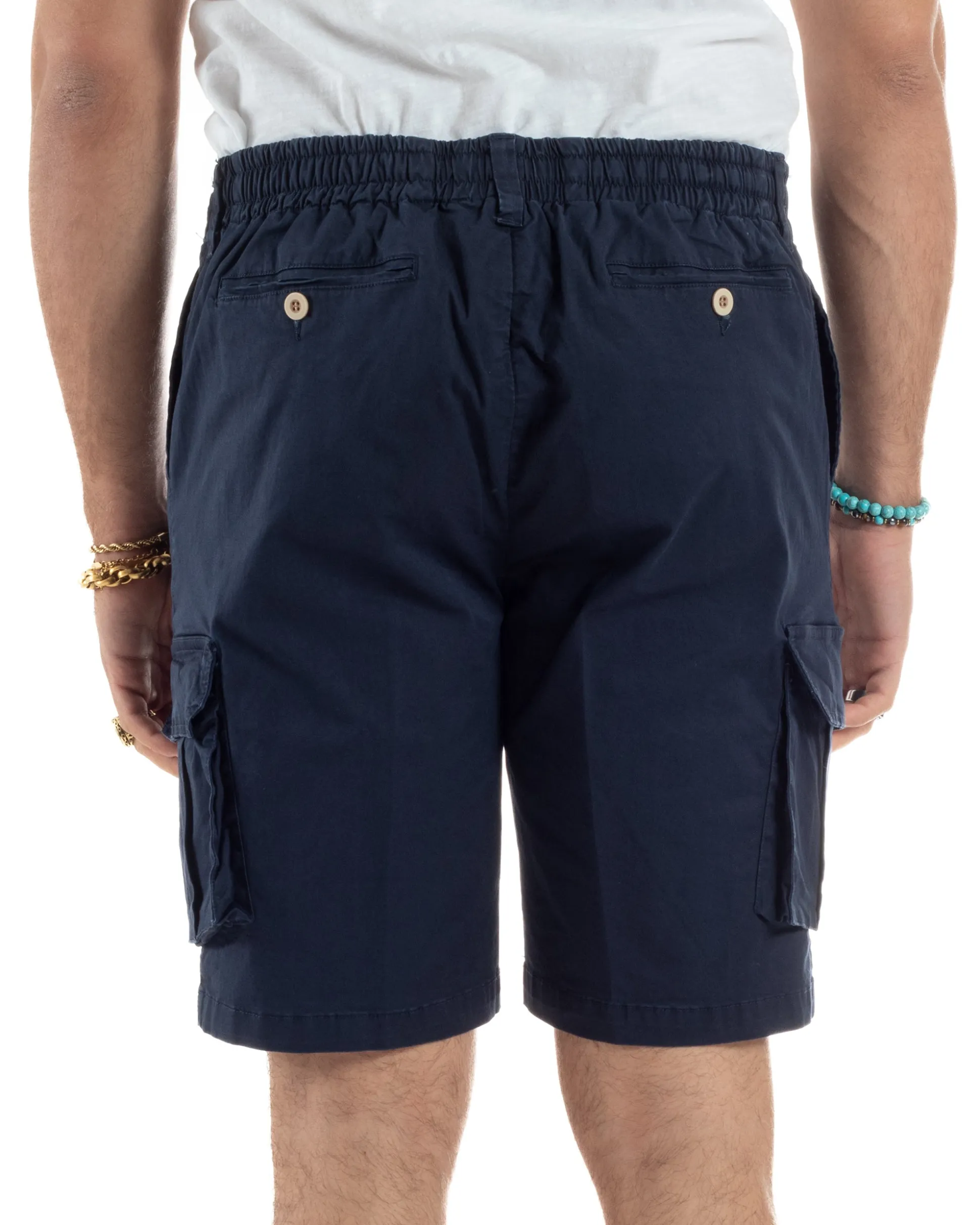 Bermuda Uomo Cargo Cotone Pantaloni Laccio Blu PC1987A