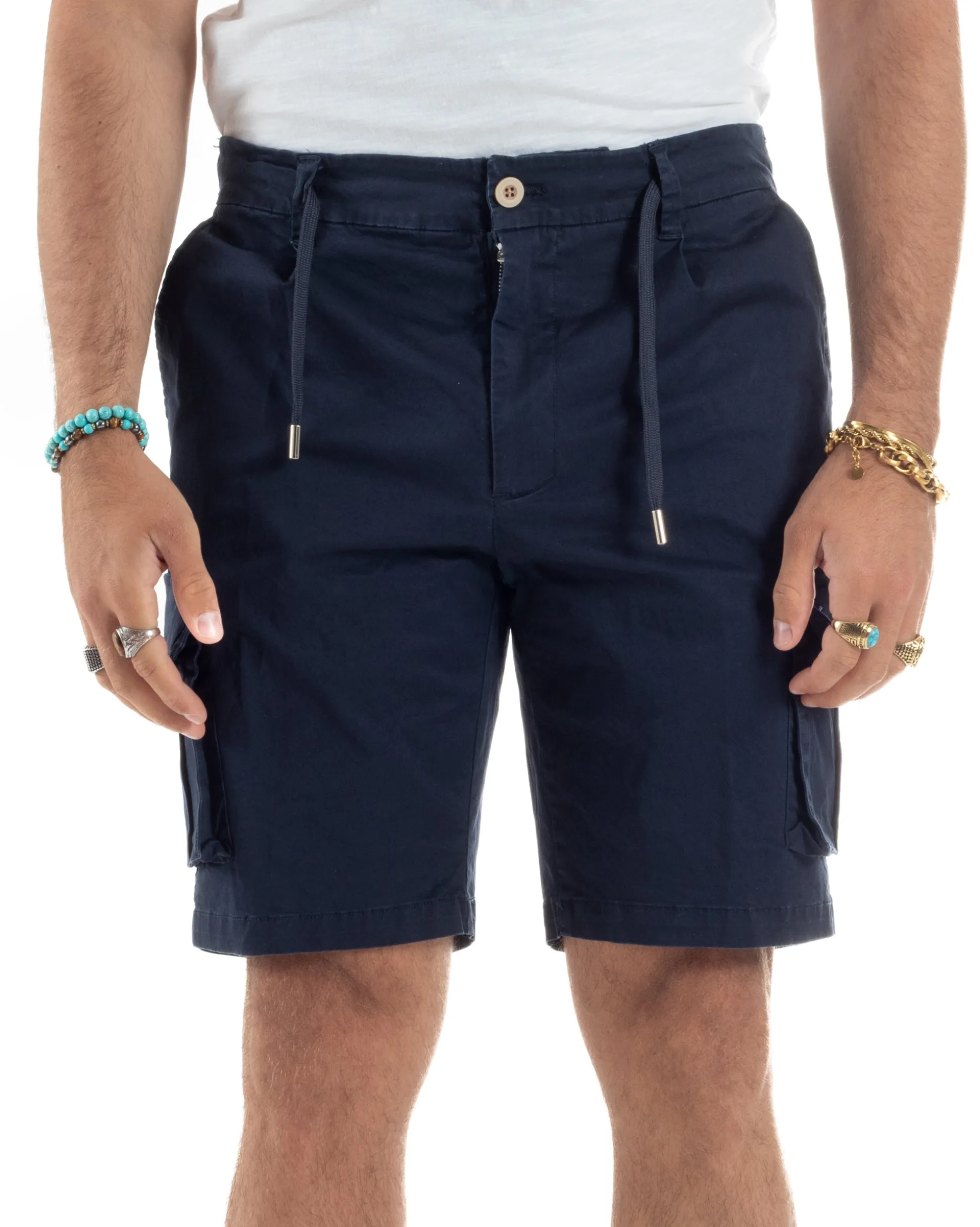 Bermuda Uomo Cargo Cotone Pantaloni Laccio Blu PC1987A