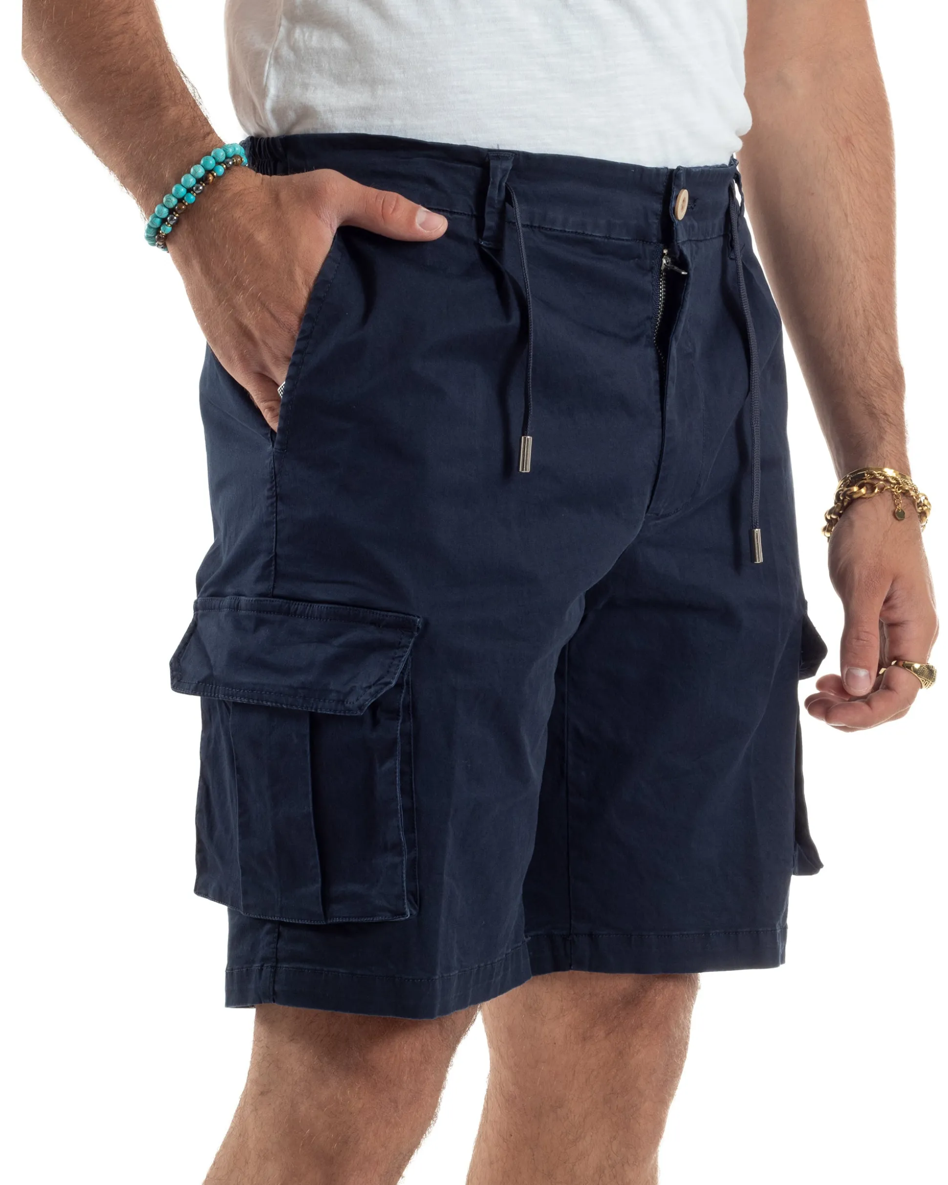 Bermuda Uomo Cargo Cotone Pantaloni Laccio Blu PC1987A