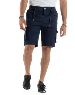 Bermuda Uomo Cargo Cotone Pantaloni Laccio Blu PC1987A