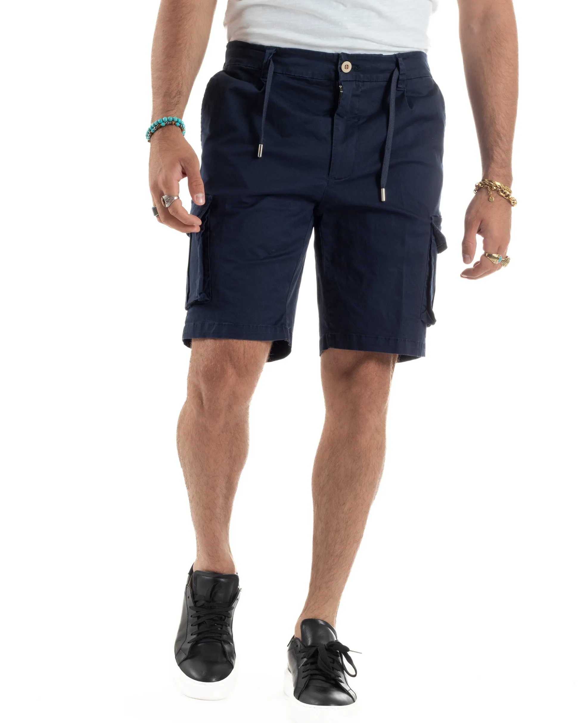 Bermuda Uomo Cargo Cotone Pantaloni Laccio Blu PC1987A