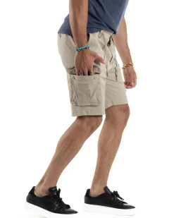 Bermuda Uomo Cargo Cotone Pantaloni Laccio Beige PC1985A