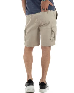 Bermuda Uomo Cargo Cotone Pantaloni Laccio Beige PC1985A